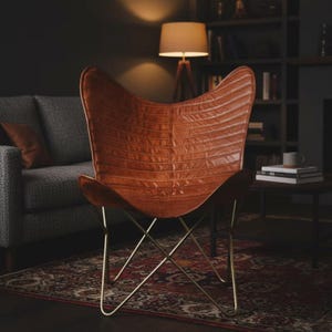 Handgemaakte lederen vlinderstoel, moderne accentstoel uit het midden van de eeuw, BKF-draagstoel, luxe woonkamerfauteuil, boho lederen meubels 2