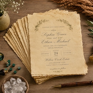 May include: A stack of rectangular wedding invitations printed on textured, tan, deckle-edge paper. The text reads: Together with their families, Sophia Grace and Ethan Michael, invite you to celebrate their wedding, Saturday, August 24, 2024, at 5:00 PM, Willow Creek Estate, 1275 Meadow Lane, Napa Valley, California, reception to follow.