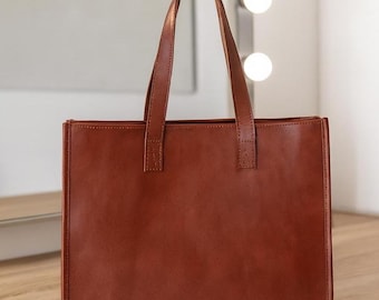 Full Grain Leather Tote Bag Women, Large Leather Work Bag, Laptop 15 Inch, Minimalist Shoulder Bag, Handmade Office Bag, Brown Leather Purse