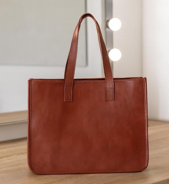 Full Grain Leather Tote Bag for Women | Large Work Laptop Shopper Bag | Minimalist Everyday Shoulder Bag | Handmade Gift for Her