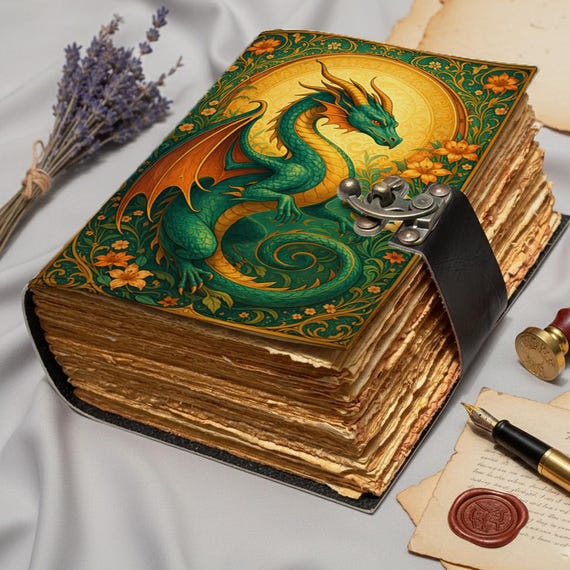 Dragon Leather Journal Handmade | Fantasy Dragon Notebook with Lock | Vintage Deckle Edge Paper Sketchbook | Gift for Writers Artists