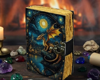 Diario de cuero Night Sky Dragon: libro de hechizos hecho a mano con candado, diseño de luna estrellada de fantasía, papel desbarbado, regalo para amantes de los dragones.