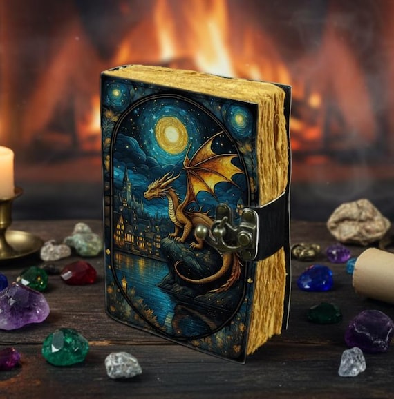 Night Sky Dragon Leather Journal – Handmade Spellbook with Lock, Fantasy Starry Moon Design, Deckle Edge Paper, Dragon Lover Gift