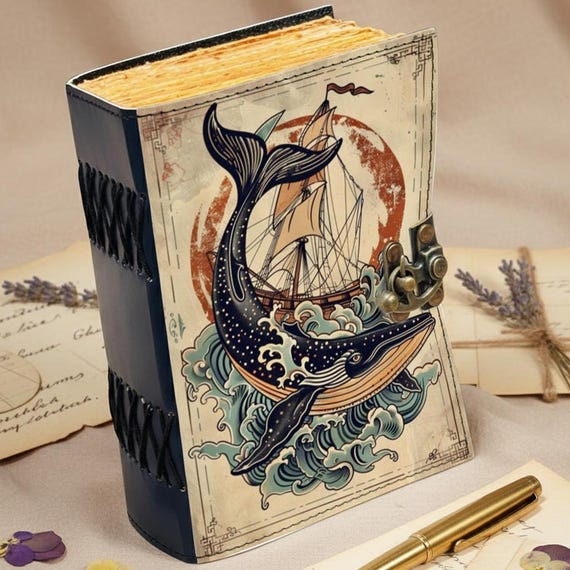 Whale Leather Journal – Handmade Nautical Notebook with Lock, Vintage Deckle Edge Paper, Sailing Ship Sea Art Diary, Ocean Lover Gift
