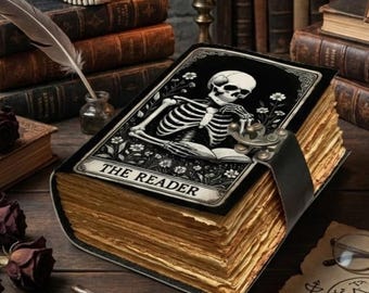 Skeleton Leather Journal with Lock, Gothic Grimoire Notebook, Handmade Vintage Deckle Edge Journal, Horror Art Diary, Book of Shadows Gift