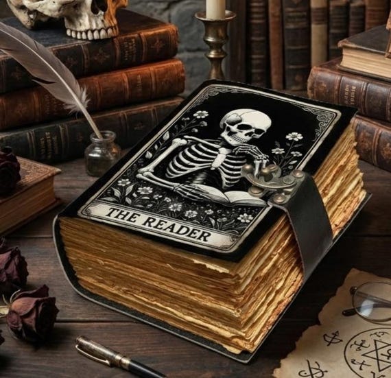 Skeleton Reader Leather Journal with Lock | Gothic Vintage Notebook | Deckle Edge Pages | Horror Art Grimoire | Unique Gift for Book Lovers