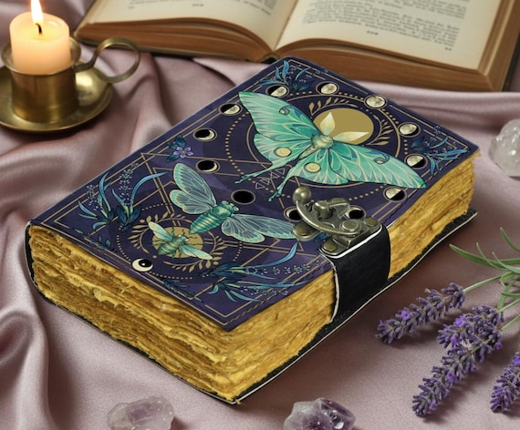 Mystical Butterfly Leather Journal | Handmade Vintage Lock Diary | Moon Phase Grimoire Notebook | Spell Book | Gift for girls