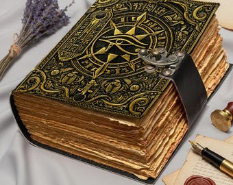 Hamunapatra Leather Journal with Lock – Eye of Horus Egyptian Diary | Vintage Handmade journal | Book of Shadows spell book gift