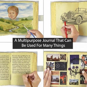 May include: A multipurpose journal with various pages, including watercolor paintings, sketches of a classic car, and collages. The journal's pages are a warm yellow, and the text "A Multipurpose Journal That Can Be Used For Many Things" is displayed.