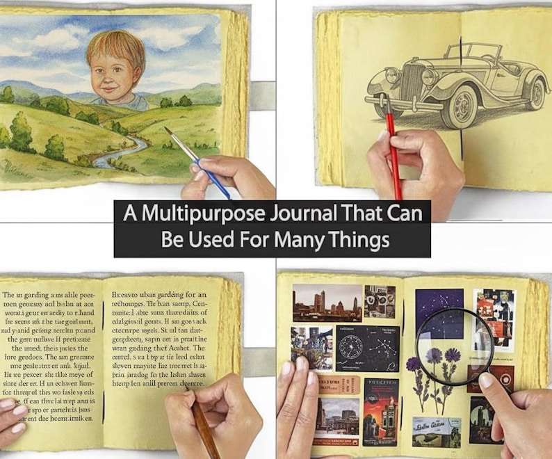 May include: A multipurpose journal with various pages, including watercolor paintings, sketches of a classic car, and collages. The journal's pages are a warm yellow, and the text "A Multipurpose Journal That Can Be Used For Many Things" is displayed.