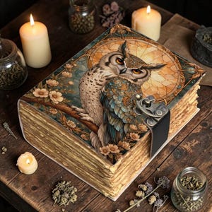 May include: A vintage-style journal with an owl illustration on the cover. The cover features a detailed image of an owl perched on a branch, set against a backdrop of a stained-glass window design. The journal has a metal clasp and aged-looking pages.
