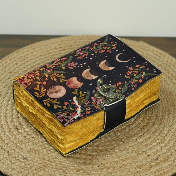 Moon Phase Leather Journal – Handmade Witchy Grimoire, Deckle Edge