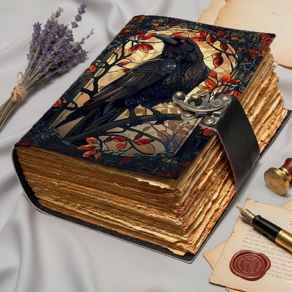 Handmade Raven Leather Journal | Vintage Gothic Grimoire Notebook | Antique Deckle Edge Paper Journal | Dark Fantasy Spell Book Gift