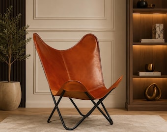 Tan Brown Leder Schmetterling Stuhl mit Gold Metallrahmen, Luxus Handmade Accent Lounge Chair, Moderne Mid Century Möbel