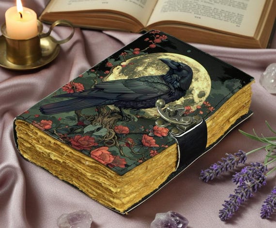 Raven & Full Moon Leather Journal – Gothic Grimoire Notebook | Witchcraft Spell Book | Book of Shadows | Vintage Mystical Writing Journal