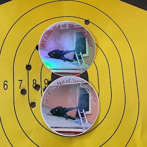 May include: Two round stickers with a holographic finish. The stickers feature a cartoon image of a person falling from a roof with the text "Not a big fan of the government" in red.