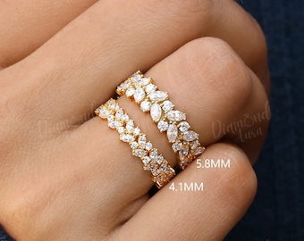 Aliança de casamento com corte marquise, aliança de eternidade completa, aliança de eternidade com moissanita, aliança de casamento vintage, anel empilhável em ouro 14K, aliança art déco, aliança de aniversário.