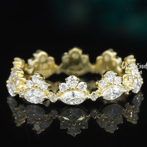 Marquise Moissanite Band Art Deco Wedding Band Full Eternity Band 14K Gold Vintage Ring Stacking Ring Marquise & Round Band Anniversary Band
