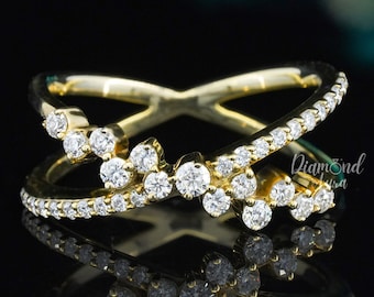 Criss Cross Ring 14K Gold Crossover Ring Overlapping Ring X Cross Stackable Ring Moissanite Eternity Band Cluster Diamond Minimalist Ring