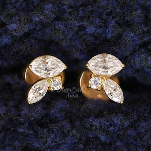 Marquise and Round Moissanite Stud Earrings Screw Back Earrings Vintage Inspired Diamond Earrings 14K Gold Wedding Earrings Cluster Earrings