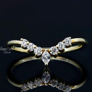 V Shaped Wedding Band Women Art Deco Marquise Moissanite Band Chevron Wedding Band 14K Solid Yellow Gold Band for Women Stacking Ring Women