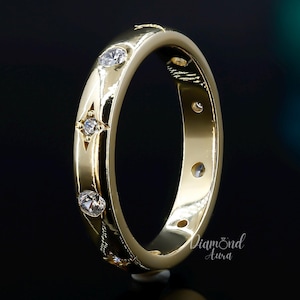 14k Solid Gold Dainty Star Setting Wedding Band Women Anniversary Band Pave Diamond Celestial Ring Eternity Band Ring Gift Dome Style Rings
