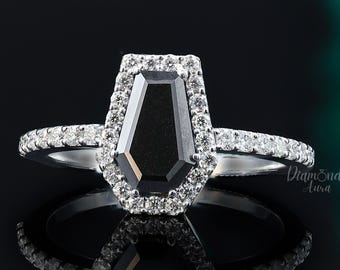 Coffin Cut Black Moissanite Ring Halo Engagement Ring Black Coffin Ring For Anniversary Gift White Gold Ring Unique Ring Antique Shaped Ring