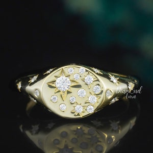 Gold Signet Ring Starburst Ring 14K Gold Celestial Ring Moissanite North Star Ring Moon and Star Ring Diamond Signet Ring Womens Pinky Ring