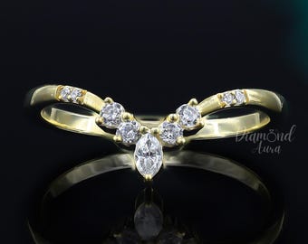 14k Solid Gold Marquise Tipped Moissanite Wedding Band for women Unique Moissanite Wedding Ring Dainty Stackable Chevron Ring for Women