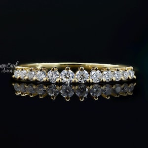 Simple Pave Yellow Gold Diamond Wedding Band Women Round Diamond Bridal Matching Ring Half Eternity Stacking Ring Dainty Anniversary Ring