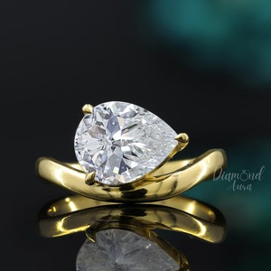 14K Gold Pear Engagement Ring Solitaire Moissanite Ring Unique Engagement Ring for Women East West Curved Shape Pear Ring Anniversary Gifts