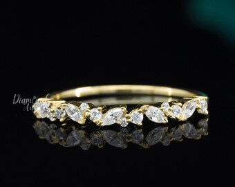 Marquise Moissanite Band Dainty Half Eternity Wedding Band 14K Gold Stackable Bands Vintage Minimalist Ring Art Deco Delicate Matching Ring