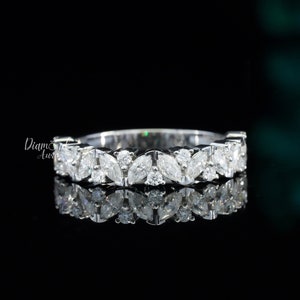 Half Eternity Marquise Moissanite Band Vintage Wedding Band Marquise and Round Wedding Band Art Deco Matching Band 14K Gold Stacking Ring