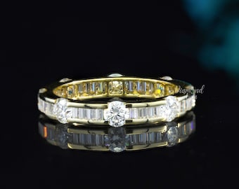 Baguette Wedding Band Full Eternity Band 14K Solid Gold Moissanite Band Channel Set Ring Baguette and Round Matching Band Anniversary Band