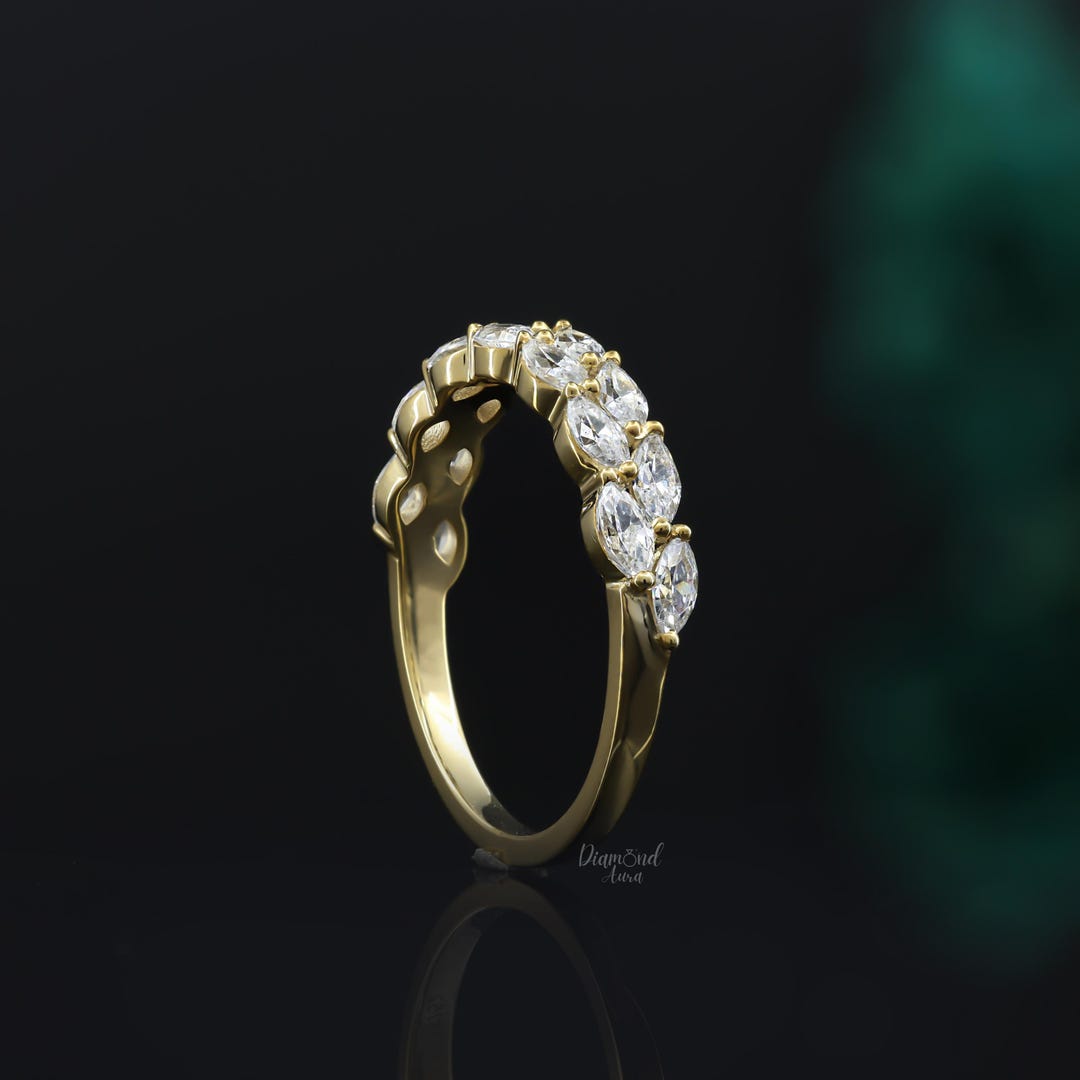 Marquise Moissanite Wedding Band Women 14K Solid Gold Half Eternity ...