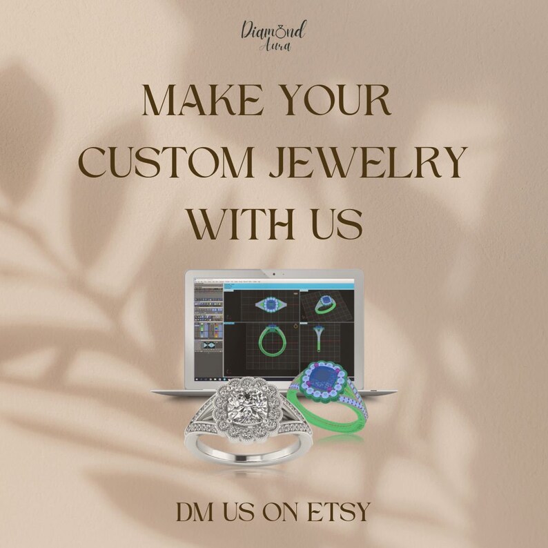 Pode incluir: Uma tela de laptop mostra um programa de design 3D com um design de anel. O texto na imagem diz "Fa&ccedil;a suas joias personalizadas conosco. Envie-nos uma mensagem no Etsy."