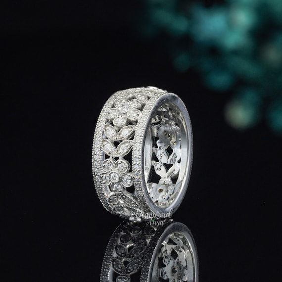 Vintage Wedding Band Full Eternity Band Filigree Wedding Band 14K Solid Gold Moissanite Band Art Deco Milgrain Band Wide Anniversary Band