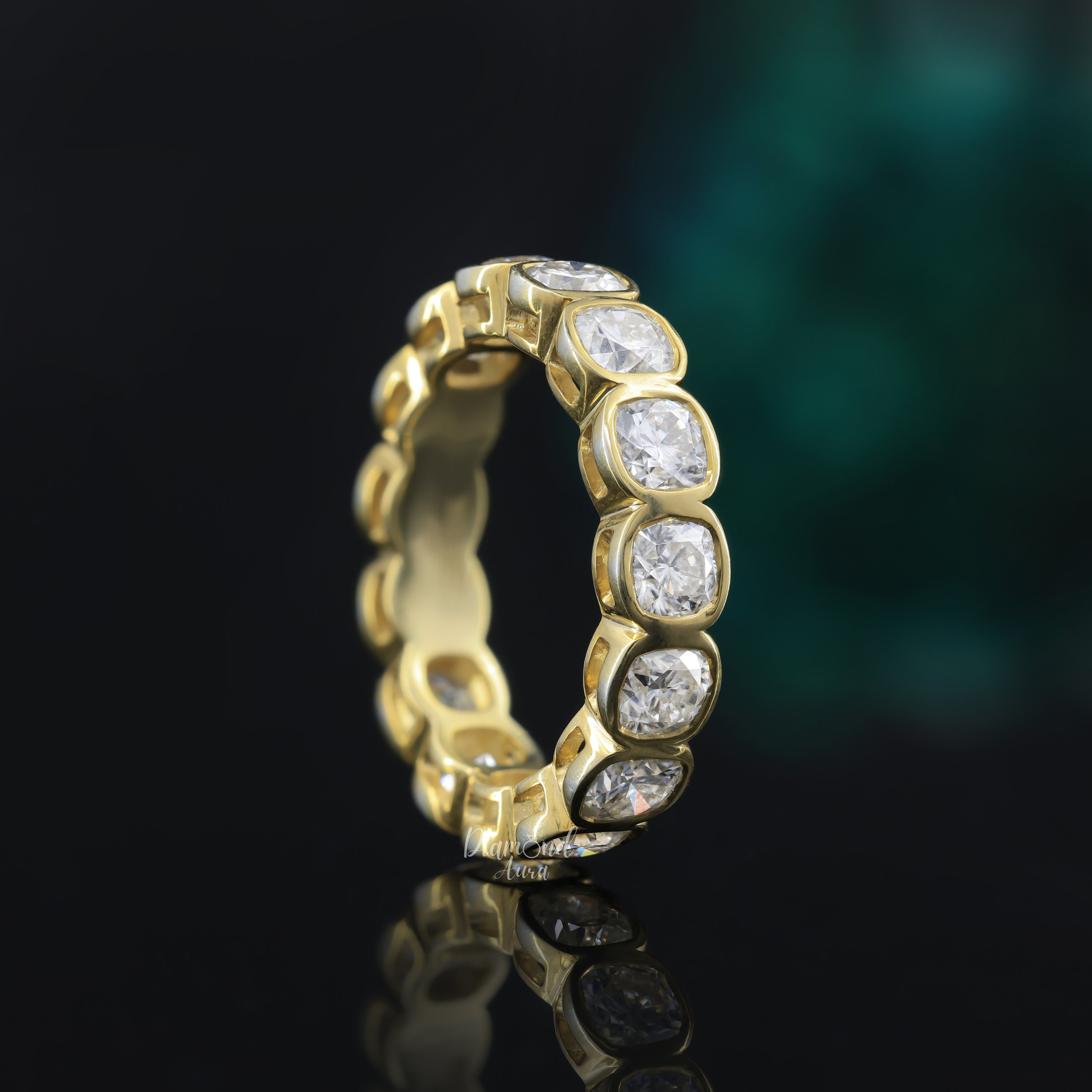 Cushion Cut Moissanite Wedding Bands Women Bezel Set Full Eternity Band