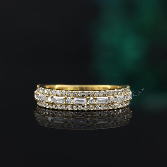 Vintage Wedding Band Baguette and Round Half Eternity Band Art Deco Moissanite Band 10K Gold Ring Baguette Stacking Ring Anniversary Band