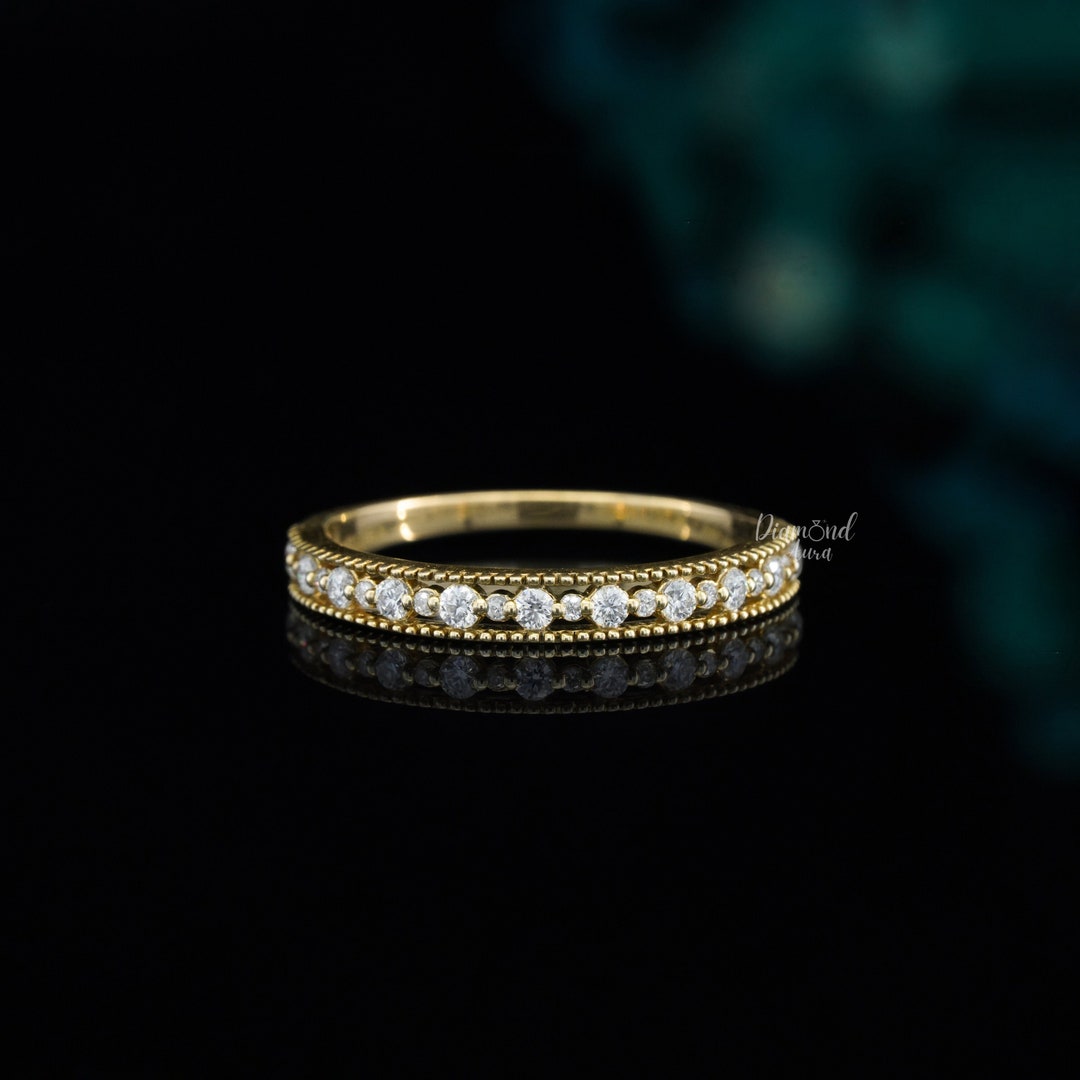 Dainty Moissanite Wedding Band Art Deco Half Eternity Band 14K Gold ...