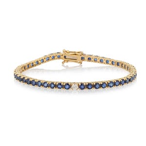 14 Karat Gold Sapphire Tennis Bracelet with Single cubic zirconia | Art Deco vintage Sapphire bracelet gold, gift for her, anniversary gift