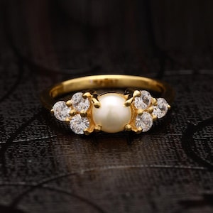 14K Solid Gold Pearl Engagement Ring, Art Deco Pearl Birthstone Ring, Pearl Engagement Ring, Pearl Gold Jewelry, White Pearl Ring For Her