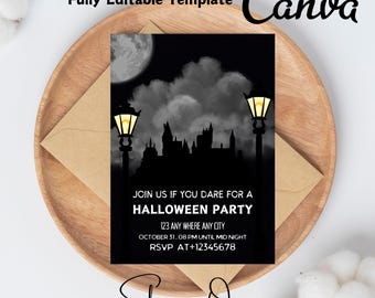 Invitación a fiesta de Halloween, plantilla Canva, fiesta de terror de noche espeluznante, invitación de Halloween editable, invitación a fiesta de Halloween, casa del terror.