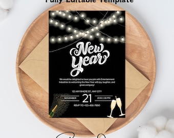 Bewerkbare bewerkbare New Years Eve-feestuitnodiging, Cheers To The New Year uitnodigingssjabloon, New Years Eve uitnodigen, New Year Party Invite