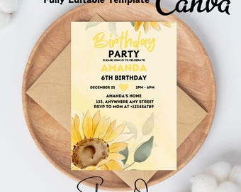 Birthday Invitation Card Template, Printable Sunflower Birthday Party, Editable Digital Invitation, Birthday Evite | Canva Template.