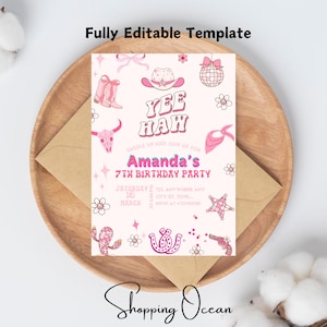 Cowgirl Birthday Invitation, Nashville Party, Pink Cowgirl Party Invite, Space Cowgirl Birthday, Disco Rodeo Invite, Editable Canva Template