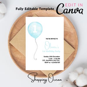Editable Boy Watercolor Blue Balloon 1st Birthday Invitation, Blue Balloon 1st Birthday Invitation, Blue Watercolor Balloon Boy Birthday