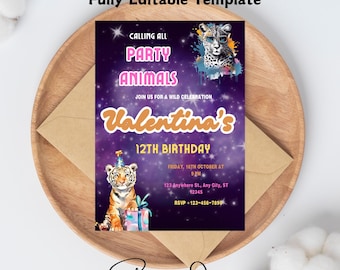 Party Animals Birthday Invitation, Calling All Party Animals, Fun Animals Themed Party, Neon Birthday Party Invite, Editable Canva Template