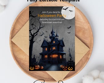 Editable Haunted House Halloween Party Invitation Template, Spooktacular Halloween Invite, Costume Party Haunted House Halloween Invite