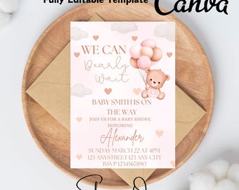 Invitación editable para baby shower con oso neutro, invitación para baby shower de We Can Bearly Wait, baby shower con oso boho marrón, oso neutro